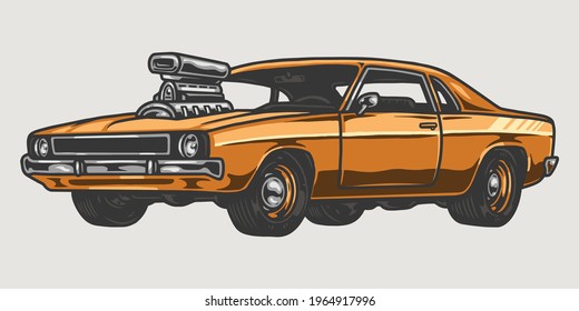 Orange custom muscle car vintage template on white background isolated vector illustration