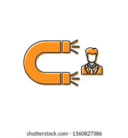 Orange Customer attracting icon isolated on white background. Customer retention, support and service. Customer man attracting with magnet. Vector Illustration