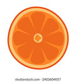Orange im Schnitt. Cartoon-orangefarbene Scheibe einzeln auf weißem Hintergrund. Reife Zitrusfrüchte, Halbfrüchte. 