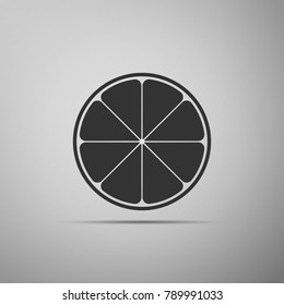 Orange in a cut. Citrus fruit icon isolated on grey background. Healthy lifestyle. Flat design. Vector Illustration