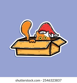 gato bonito laranja na caixa vestindo o vetor de natal de chapéu de santa design de ilustração isolado em um estilo adesivo de fundo de cor azul lilás