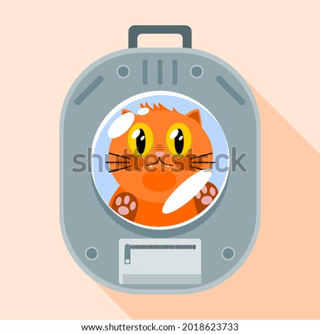Orange cute cat in pet carrier box backpack with window for transport or travel flat vector.
