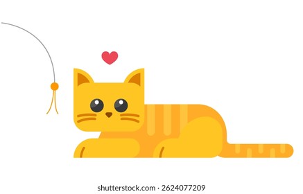 Orange Cute Cat with Pet Toy Cartoon in Geometric Flat Design, Character Vector illustrations Clip Art. Minimal Graphic Style.