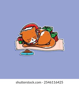orange cute cat sleeping wearing santa hat, scarf, rug and many gifts in the background and dry food for christmas vector illustration design isolated in a lilac blue color background