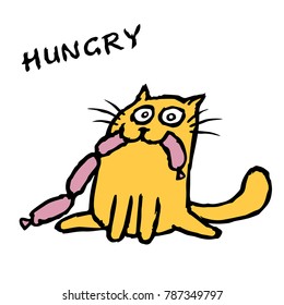 Orange cute cat Tik eats sausages. Vector illustration