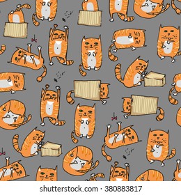 Orange cute cats seamless background in various poses, hand drawn, painted. Vector illustration