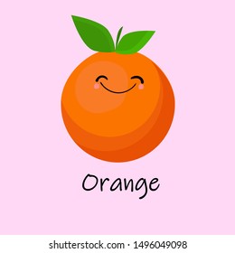 Orange Cute fruit cartoon character isolated on pink vector background. Funny positive and friendly orange face emoticon icon. Happy smile cartoon face food, funny fruit mascot.