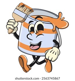 orange cute isolated cartoon paint can character mascotwalking while holding a brush, work of hand drawn