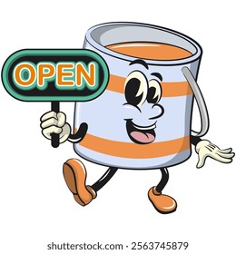 orange cute isolated cartoon paint can character mascot showing a sign that says open, work of hand drawn