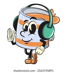 orange cute isolated cartoon paint can character mascot listening to headset while dancing, work of hand drawn