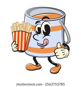 orange cute isolated cartoon paint can character mascot brought a box of french fries, work of hand drawn