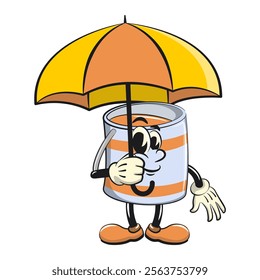 orange cute isolated cartoon paint can character mascot with an umbrella, work of hand drawn