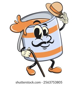 orange cute isolated cartoon paint can character mascot carrying a stick and saluting with raised hat, work of hand drawn