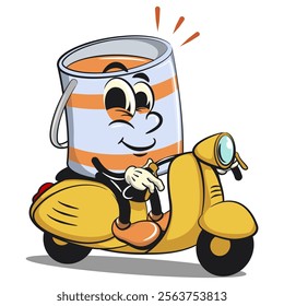 orange cute isolated cartoon paint can character mascot riding a scooter, work of hand drawn