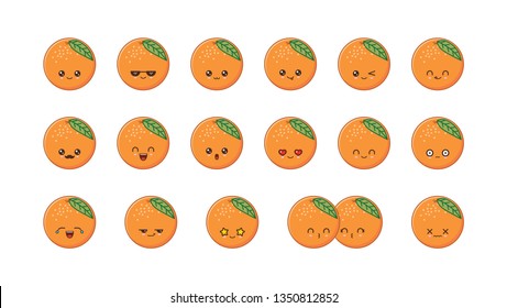 Orange cute kawaii mascot.Set kawaii food faces expressions smile emoticons. 