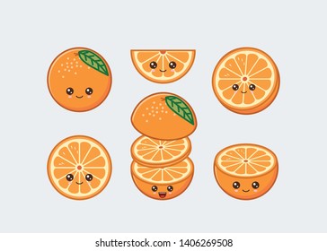 Orange cute kawaii mascot. Set of funny kawaii drawn fruit in the cut