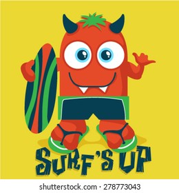 Orange cute monster surfer. Monster graphic design with a Surf's Up slogan. Artwork design for kids wear and poster business.