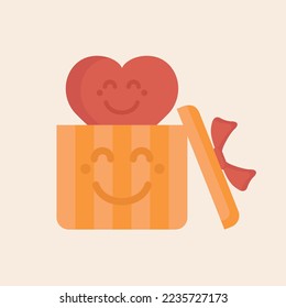 Orange and cute open gift with a face, red heart and red ribbon, vector illustration.