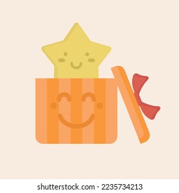 Orange and cute open gift with a face, yellow star and red ribbon, vector illustration.