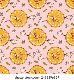 Orange a cute retro cartoon character. Groovy vintage summer seamless pattern. Trendy old style. 1970s. Tropical exotic fruits. Healthy food. For menu, cafe, wallpaper. Veganuary.