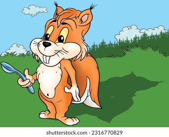 Orange Cute Squirrel Standing on the Ground with a Spoon in its Paw - Colored Cartoon Illustration with Background, Vector