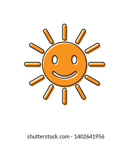 Orange Cute sun with smile icon isolated on white background. Funny smiling sun. Happy sunny smile. Vector Illustration