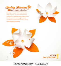 Orange cutout paper vector flowers greeting card template