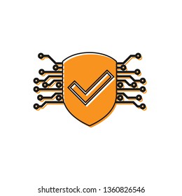 Orange Cyber security icon isolated on white background. Shield with check mark sign. Safety concept. Digital data protection. Vector Illustration