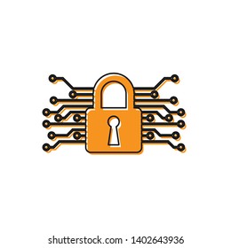 Orange Cyber security icon isolated on white background. Closed padlock on digital circuit board. Safety concept. Digital data protection. Vector Illustration