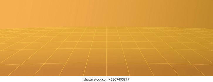 Orange cyberpunk perspective grid, neon wireframe. Vector illustration