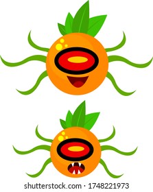 Orange cyclops with green tentacles cartoon character fruit mutant with different emotions object on a white background Halloween concept