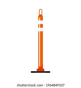 Orange cylinder delineator post barrier isolated on white background. Warning parking symbol with reflective stripes stickers. Vector flat design traffic control device clip art illustration.