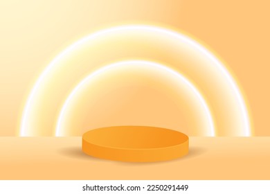 orange cylinder pedestal podium display, Empty room background. Abstract modern vector rendering 3d shape for products display presentation. lighting minimal wall scene, Studio room.