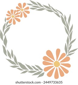 Orange daisy flower with leaves wreath illustration for decoration on nature garden, Autumn seasonal and romance concept.