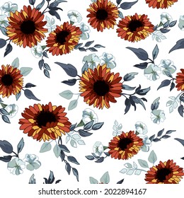 Orange Daisy Flowers Seamless Pattern Background