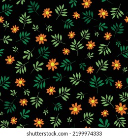 Orange daisy green leaves twigs ditsy on black vector daisy night garden seamless pattern. Great for fashion allover fabric print, textiles, clothing, wrapping, and much more