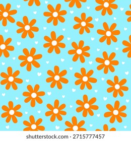 Orange Daisy Hearts Seamless Pattern on Sky Blue