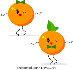 orange dancing cartoon characters boy and girl active fruits on a white background vitamins and health concept