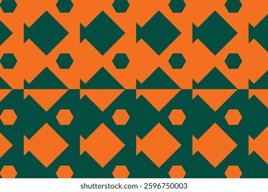 Orange and dark green geometric background with diamond patterns.