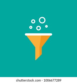 orange data filter with filtering circles. flat data funnel icon. isolated on blue background. Analytics info, tunnel information, flow exploration, vector illustration