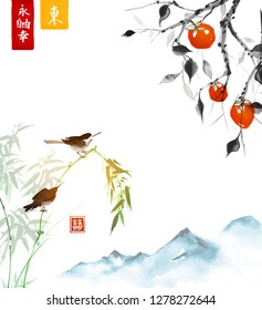 Orange date plum fruit tree, little birds sitting on bamboo branch and blue mountains. Traditional Japanese ink wash painting sumi-e. Hieroglyphs - peace, tranquility, clarity, east, double luck.