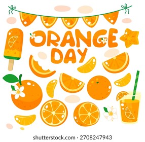 Conjunto de día naranja | Clipart de frutas naranjas lindas, Elementos cítricos, ilustración de verano