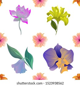 Orange Daylily. Pink Hibiscus. Purple Lotus. Yellow Lilium. Purple Bllflower. Purple Orchid. Vector illustration. Seamless background pattern. Floral botanical flower. Wild leaf wildflower isolated.