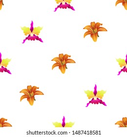 Orange Daylily. Pink Orchid. Vector illustration. Seamless background pattern. Floral botanical flower. Wild leaf wildflower isolated. Exotic tropical hawaiian jungle. Fabric wallpaper print texture.