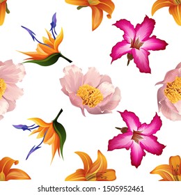 Orange Daylily. Pink Peony. Orange Strelitzia. Pink Adenium. Vector illustration. Seamless background pattern. Floral botanical flower. Wild leaf wildflower isolated. Exotic tropical hawaiian.