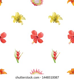 Orange Daylily. Pink Protea. Red Hibiscus. Yellow Lilium. Red Heliconia Bihai. Vector illustration. 