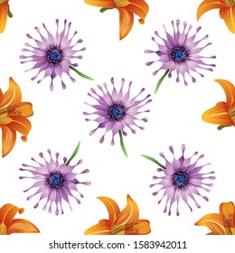 Orange Daylily. Purple Osteospermum Daisybush. Vector illustration. Seamless background pattern. Floral botanical flower. Wild leaf wildflower isolated. Exotic tropical hawaiian jungle. Fabric.