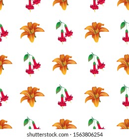 Orange Daylily. Red Angel Trumpet. Vector illustration. Seamless background pattern. Floral botanical flower. Wild leaf wildflower isolated. Exotic tropical hawaiian jungle. Fabric wallpaper print.