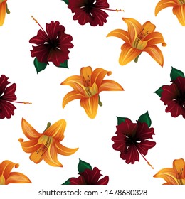 Orange Daylily. Red Rose Mallow. Vector illustration. Seamless background pattern. Floral botanical flower. Wild leaf wildflower isolated. Exotic tropical hawaiian jungle. Fabric wallpaper print.