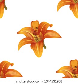 Orange Daylily. Vector illustration. Floral botanical flower. Wild leaf wildflower isolated. Exotic tropical hawaiian jungle. Seamless background pattern. Fabric wallpaper print texture.